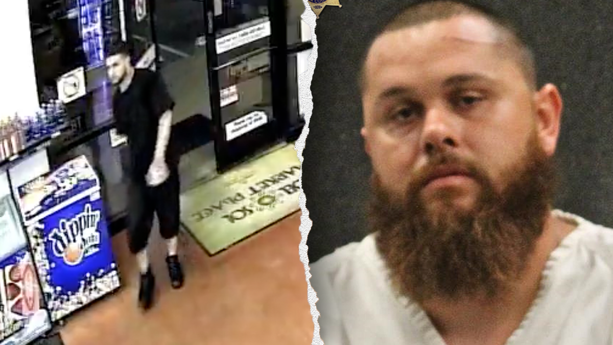 Split image released by the Pima County Sheriff&rsquo;s Department &mdash; a surveillance still of an unidentified suspect at left, and a photo of wanted 33-year-old Alex James Barnett at right.